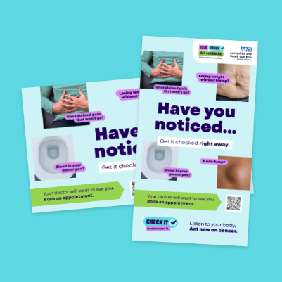 Digital cancer awareness screens promoting early action and getting checked.