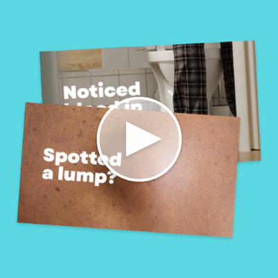Digital cancer awareness video showing messages about noticing symptoms and getting checked.