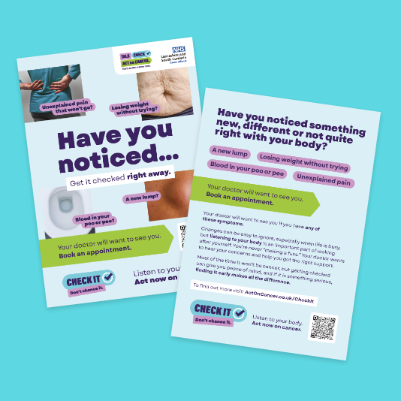 Cancer awareness leaflets providing information about symptoms and getting checked.
