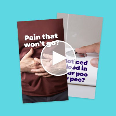 Cancer awareness social media graphics featuring messages about symptoms and getting checked.