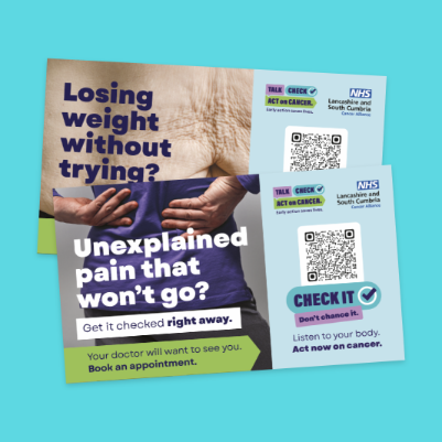 Cancer awareness stickers featuring messages about noticing symptoms and getting checked.