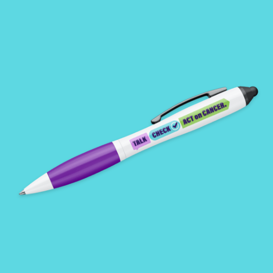 Pen featuring the Talk Check Act on Cancer campaign logo