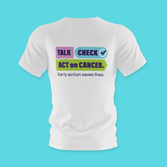 White T-shirt featuring the Talk Check Act on Cancer campaign logo